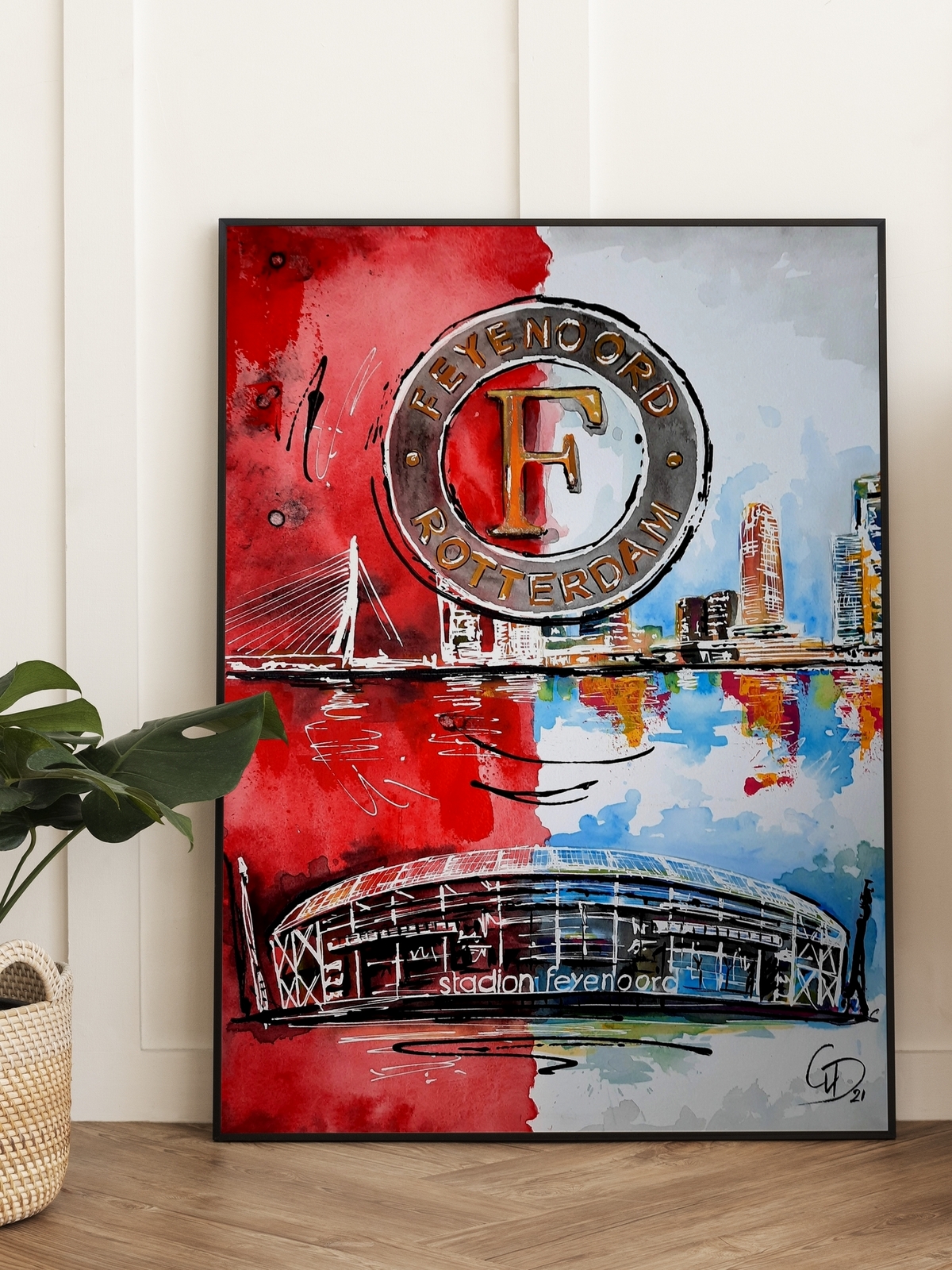 Schilderij achter plexiglas van Feyenoord. Fanart kunst Feyenoord.