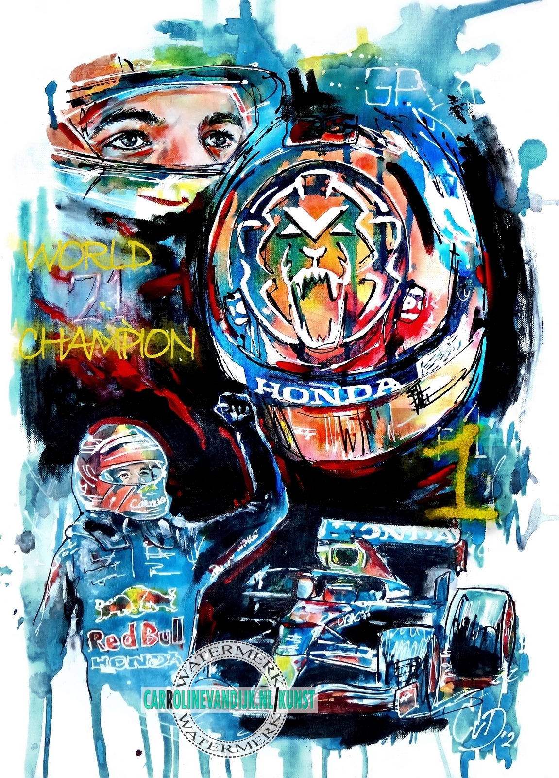 Schilderij Max Verstappen. Fanart kunst Formule 1.