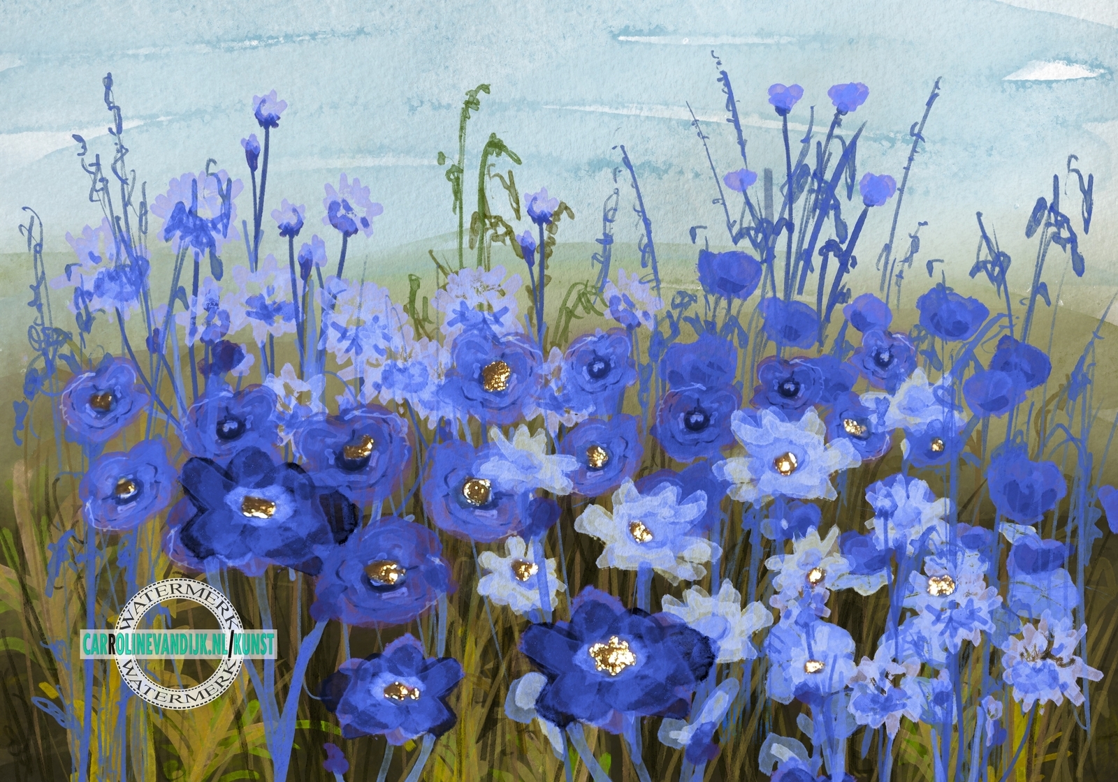 schilderij bloemen blauw korenbloemen