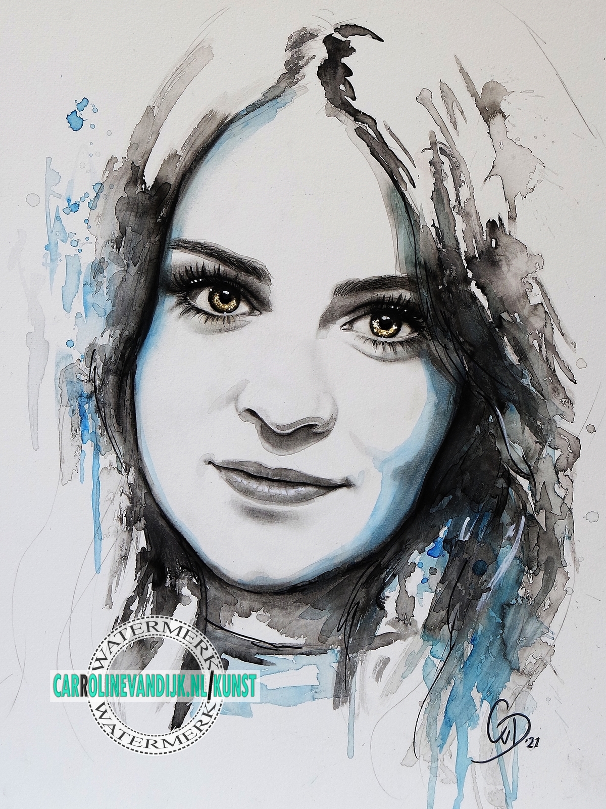 Portret schilderij Lady gaga, tekening met inkt en aquarel van Lady G. 