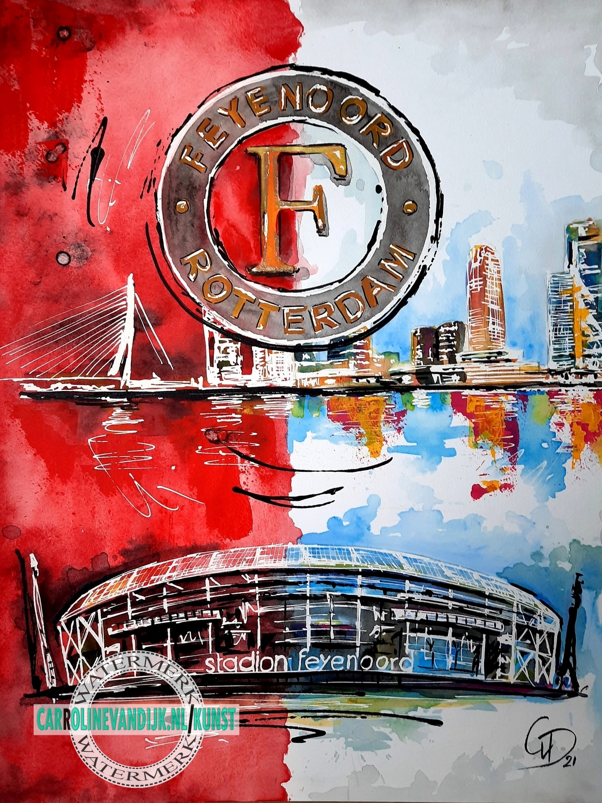 Schilderijvan Feyenoord Rotterdam door kunsteschilderes Carroline van Dijk. Fanart Feyenoord, de Kuip Rotterdam.