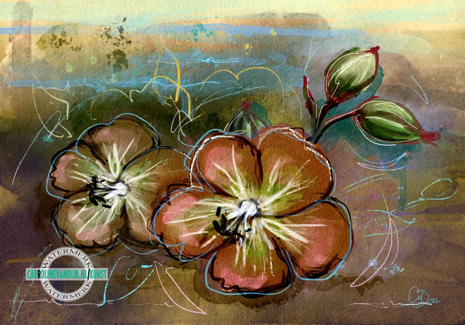 schilderij bloemen goud en aarde tinten